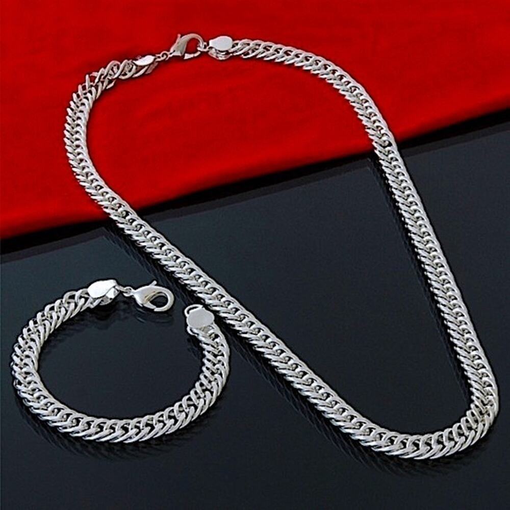 Sterling Silver 10mm Chain Link Necklace Bracelet Matching Set